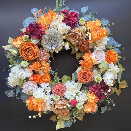 Bibelot 24inch Fall Wreaths for Front Door, Autumn Wreath with Purple Rose Orange Peony Eucalyptus Leaves, Farmhouse Wreaths for Thanksgiving Day Fall Holiday Decoration Indoor/Outdoor Home Wall Decor