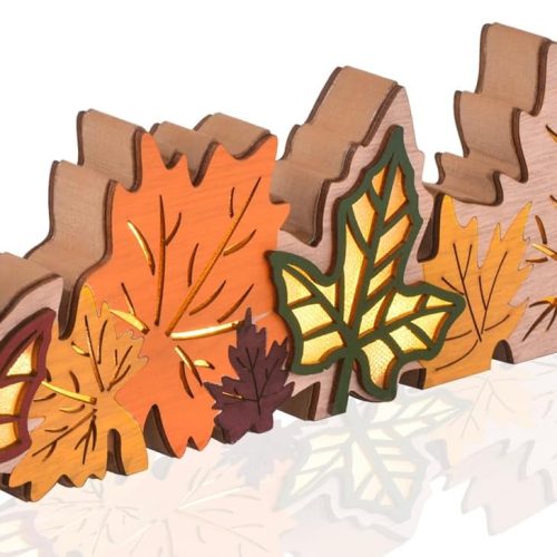 Lighted Fall Maple Leaves Signs Table Centerpieces Thanksgiving Wooden Block Sign Decorations 3D Wood Autumn Harvest Farmhouse Decor with Led Lights for Home Desk Office Party (Fall Leaves)