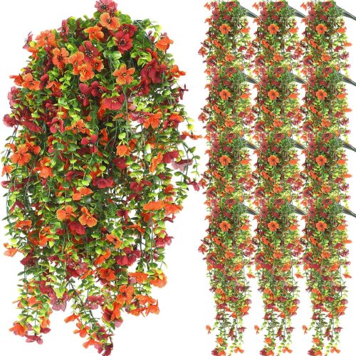 12 Pcs Fall Artificial Hanging Flowers Plants for Outdoor Decoration Fake Silk Mums UV Resistant Daisy Look Real Autumn Violets with Eucalyptus Trailing Vines Porch Patio Yard Garden Balcony