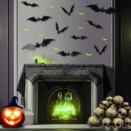Kalolary 3D Glow Eyes Bats and Black Lace Fireplace Mantle Spiderweb Mantel Scarf Cover Garland for Halloween Party Supplies Gothic Wall Decor