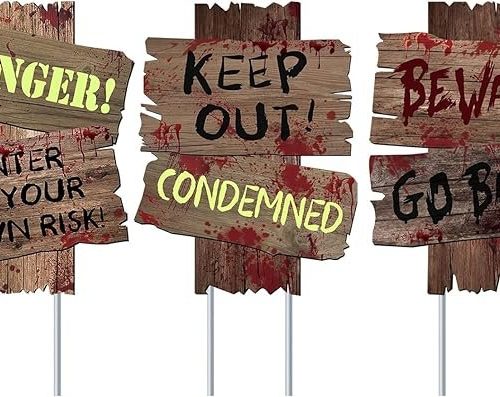 Halloween Decorations Outdoor Beware Yard Signs Stakes Creepy Assorted Warning Sign