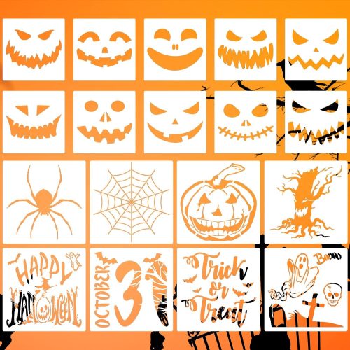 18 Pieces Halloween Stencils Reusable Plastic Halloween Pumpkin Stencils for Painting on Wood Walls Fabrics Window
