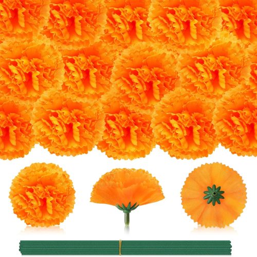 110 Pcs Marigold Flower Heads Bulk, Mexican Orange Artificial Marigold Flowers for Day of The Dead Decorations DIY Wreath Garland Craft Indian Diwali Dia De Los Muertos Halloween Home Decor
