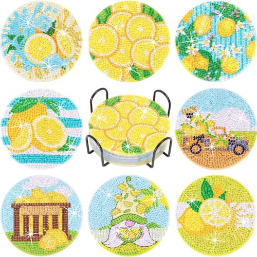 8Pcs Diamond Painting Coasters Kit with Holder Cork Base, DIY Lemon Summer Coasters Kit for Beginners, Adults DIY Diamond Art Craft for Housewarming Apartment Bar