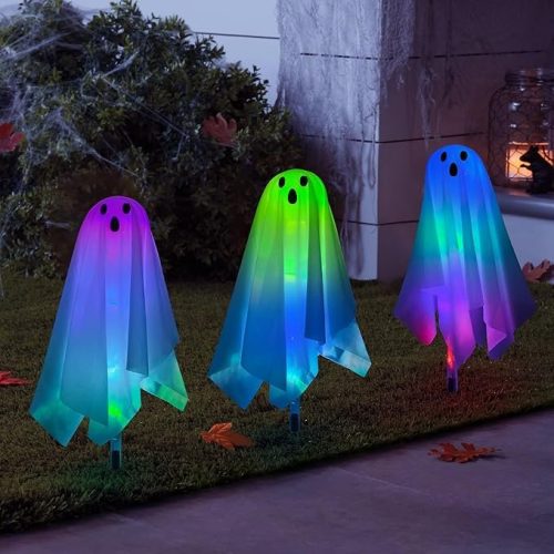 Halloween Ghost Pathway Stake Lights, 3 Packs White Cloth Ghost Decor with 15 Color Changing LEDs
