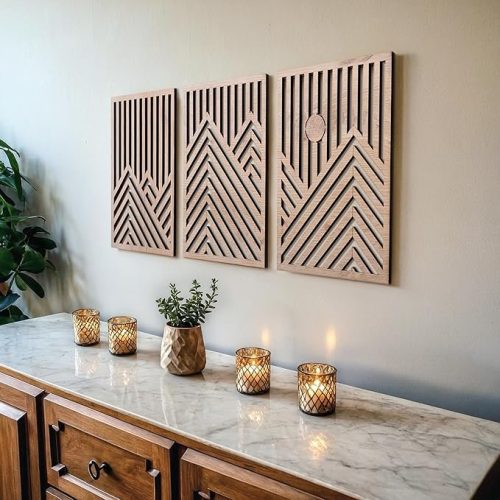 Modern Mountain and Sun Wall Sculptures - Set of 3