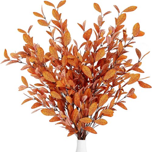 1 Sggvecsy 6 Pcs Artificial Fall Eucalyptus Stems Fall Eucalyptus Leaves Silk Autumn Leaf Branches Fall Decorations for Home Vase Thanksgiving Table Centerpieces Harvest Festival Decor (Orange)