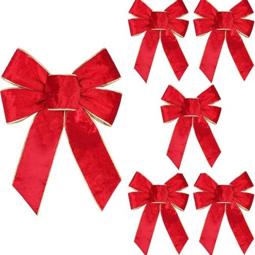 BUVANE 6PCS Red Christmas Velvet Bows, 9" x 12" Christmas Wreath Bow with Golden Edged