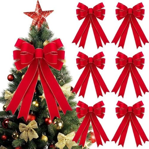 6 Pcs Red Christmas Bows Outdoor Decorations - 16”x24” Large Velvet Wreath