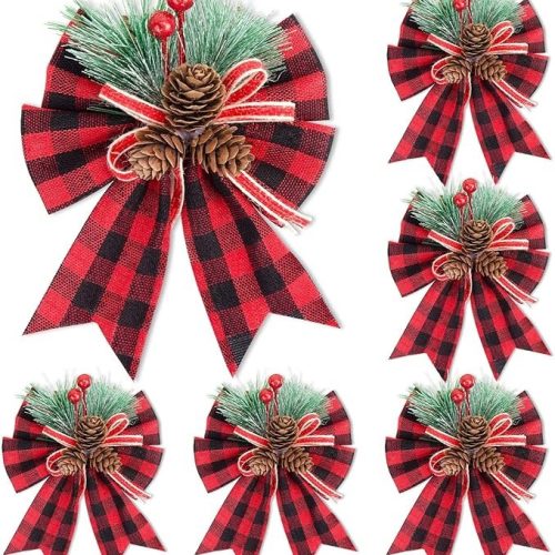 JOHOUSE 6PCS Christmas Red Buffalo Plaid Bows, 6 x 5 Inch Decorative Christmas Bows