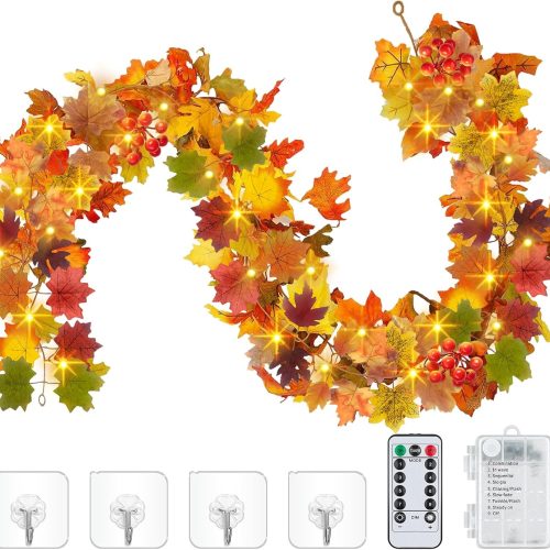 Fall Garland Leafs Lights with Timer and Remote, 50 LED Battery Operated Fall Garlands Decor, Autumn Maple Leaf Lights for Home Halloween Thanksgiving Garland Indoor Outdoor Decoration