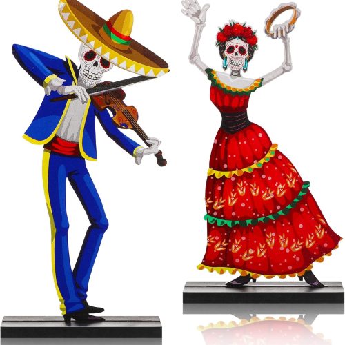 2 Pieces Day of The Dead Centerpiece Wooden Sugar Skull Signs Dancing Couple Sugar Skull Decor Day of The Dead Decor Mexican Dia De Los Muertos Decorations for Table Halloween Party (Skull Style)