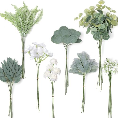 Artificial Greenery Stems Box Set，65 Pcs with 8 Kinds of Faux Greenery Branches Fake Eucalyptus for Wedding DIY Bouquets Floral Arrangement Table Centerpieces (Dusty Green & White)