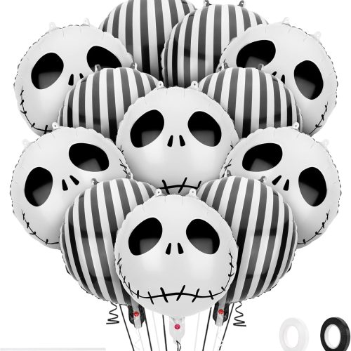12 PCS Halloween Skull Foil Black and White Striped Balloons(18 Inch) Nightmare Honor Theme Birthday Party Decorations Spooky Ghost Skeleton Cat Baby Shower Day of The Dead Indoor Outdoor Decor
