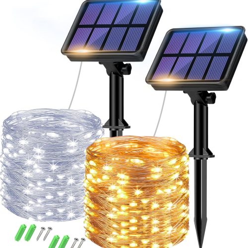2 Pack Solar Halloween String Lights Outdoor, Orange Purple 160LED 66FT Solar Fairy Lights Outside Waterproof, 8 Modes Solar Powered Twinkle Lights for Tree Garden Patio Halloween Decorations