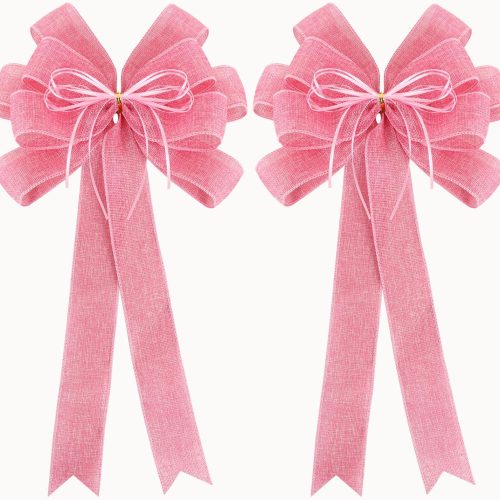 2 Pack Pink Christmas Tree Bows 12x20inch Large Burlap Wreath Bow with Glitter String for Christmas Tree Topper,Home Front Door Decor,Easter Bow, Valentines and Party Decor