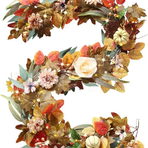 Fall Garland with Lights, 6 FT Fall Leaves Vine Garland with Pumpkins Sunflower Dahlia Flower Autumn Artificial Maple Leaf Decorations for Mantle Outdoor Indoor Thanksgiving Halloween Window Decor