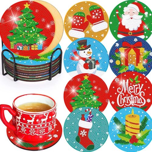 8 PCS Christmas Diamond Art Coasters Kit, Diamond Painting Coasters with Holder, Non Slip Coaster Art Supplies for Adults, Christmas Gift