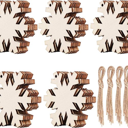 Unfinished Wooden Christmas Ornaments-Tmflexe 50-Pack Paintable Blank Xmas Tree Hanging Wood Slices for Kids DIY Art Crafts, Christmas DIY Wood Snowflake