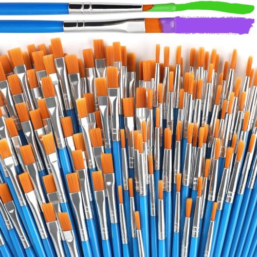 100 Pcs Paint Brushes Set for Acrylic Painting, 50 Pcs Flat and 50 Pcs Round Art Paint Brushes, Painting Brushes for Kids Adults Oil Watercolor Rock Painting Body Face Nail Art