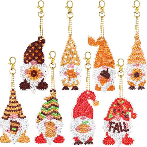 8 Pcs Fall Double Sided Diamond Painting Keychain Kits Fall Gnome Pumpkin Sunflower 5D DIY Diamond Painting Rhinestone Dots Keychain for Adult Craft Gifts