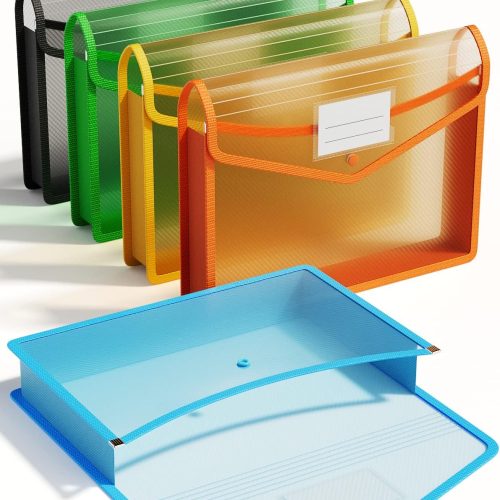 ThinkTex Plastic Expanding File Folder, Transparent envelopes with Snap Closure, No Dividers, Large Capacity, Assorted Colors, Fit Letter/A4 Size - 5 Packs
