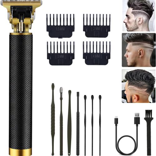 Professional Cordless Hair Clipper and Trimmer for Men, T Blade Zero Gapped Rechargeable Beard Shaver, Hair Cutting Kit With Ear Spoon Tool Set, Black