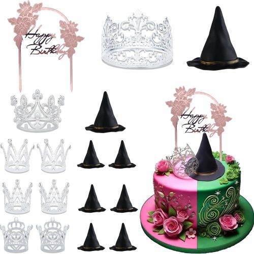 BiBo Witch Hat and Crown Cake Topper, 17 PCS Witch and Princess Theme Cupcake Toppers, Mini Witch Hat Silver Alloy Crown for Pink and Green Party Decorations Birthday Cake Supplies.