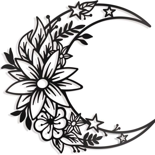Vivegate Moon Metal Floral Art Decor - 14"X13.5" Black Boho Large Floral and Star Phase Wall Signs for Half Moon Flower Sculpture Hanging Wall Decor for Bedroom