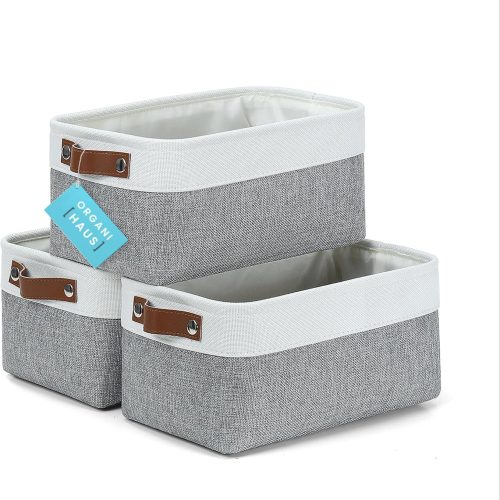 CT0208-SB8GT_1 OrganiHaus Small Fabric Storage Bins for Shelves 3 Pack, 12x8in Closet Storage Bins for Shelves, Cloth Baskets for Organizing, Linen Closet Organizers, Fabric Basket, Shelf Organizer Bins Gray/White