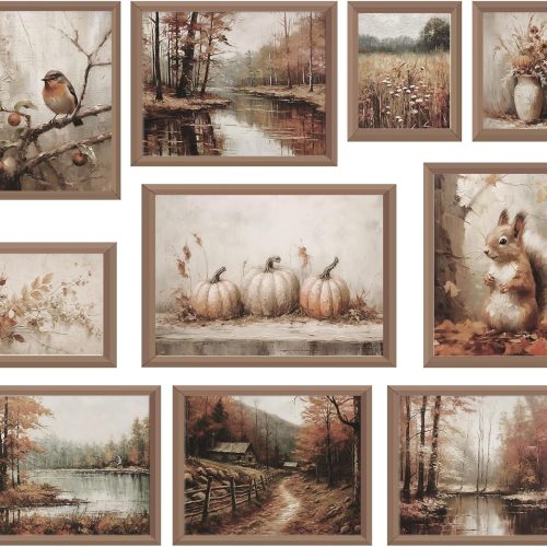 Whaline 10Pcs Fall Vintage Wall Art Prints Retro Autumn Scenery Paper Posters Rustic Landscape Picture Decoration for Thanksgiving Gallery Living Room Office, Unframed