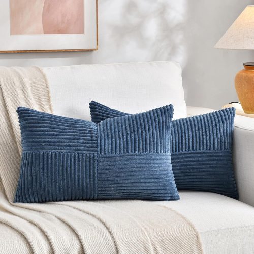 CT0211-PC-24GT_1 Fancy Homi 2 Packs Dusty Blue Lumbar Decorative Throw Pillow Covers 12x20 Inch for Couch Bed Sofa, Rustic Farmhouse Boho Home Decor, Soft Striped Corduroy Rectangle Accent Cushion Case 30x50 cm