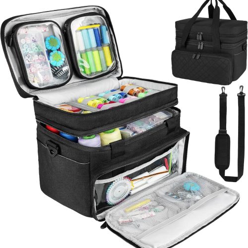 Sewing Accessories Organizer Case with Shoulder Strap,Double Layer Sewing Storage Bag with 2 Detachable Pouches for Sewing Accessories and Supplies,Large Travel Sewing Box for Sewing kit Tools,Black