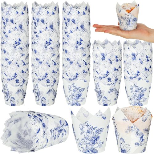 Gerrii 200 Pcs Chinoiserie Blue White Flower Tulip Cupcake Liners Paper Mini Baking Cups Cupcake Wrappers Muffin Liners for Wedding Tea Party Bridal Baby Shower Decoration