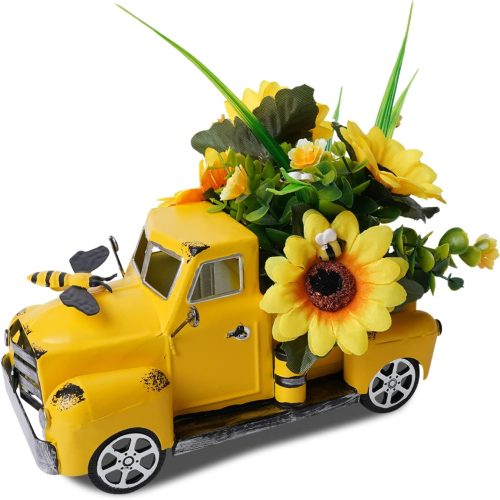 Metal Truck Decor with Sunflowers, Honey Bee, Fall Table Decor for Home, Farmhouse, Vintage Pickup for Living Room, Kitchen Table Centerpiece, Yellow