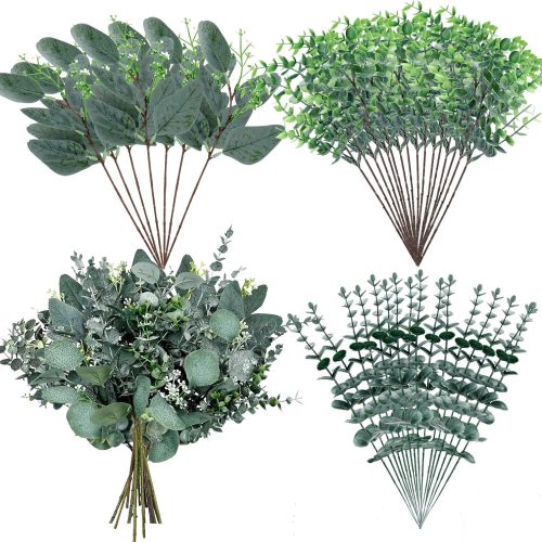 Chunyin 32 Pcs Artificial Eucalyptus Stems Leaves Faux Greenery Branches Mixed Fake Silver Dollar Eucalyptus Sprays for Rustic Vase Floral Wreath Bouquets Wedding Christmas Decoration(Classic)