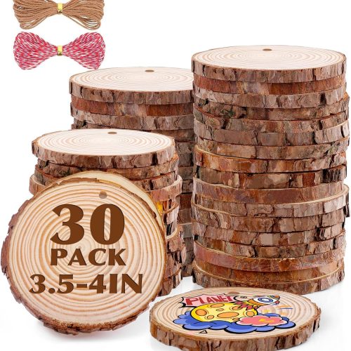 30 Pack Nature Wood Slices for Crafts,3.5-4In Unfinished Natural Wood Rounds.Wood Circles Predrilled with Hole and 20m Rope for Wooden Craft Supplies,Painting,Christmas Ornaments,DIY Gifts