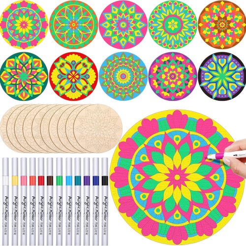 22 Pack DIY Wooden Mandala Art Set 10 Mandala Unfinished Wood Cutouts 12 Markers Lotus Flower Wood Painting Kits for Adults Painting, DIY Crafts Home Decors(Ethnic Style)