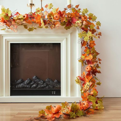 CT0318-SGG-57GT_1 MIZII Fall Decor Artificial Maples Leaf Pumpkin Garland 10FT Autumn Maple Vines Garland Thanksgiving Halloween Harvest Decorations for Home Porch Mantle Fireplace Farmhouse Outdoor Indoor (10FT,Maple)
