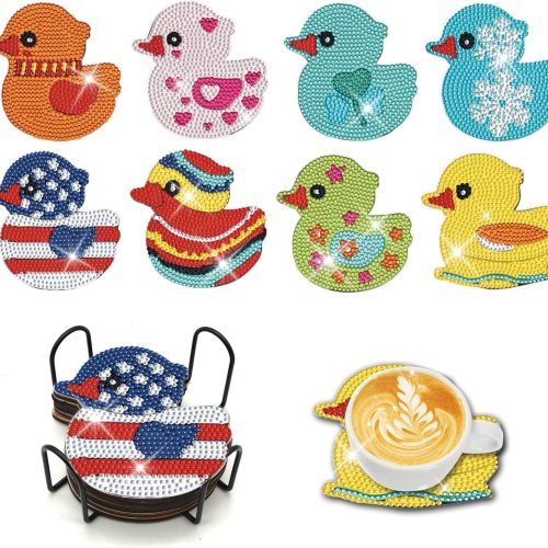 YOKUSHI 8PCS Cartoon Diamond Art Coasters kit for Adults, Cute Duck DIY Diamond Painting Coasters Kit with Holder, Small Diamond Art Painting Kit for Adults Kids Art Craft Supplies (Duck)