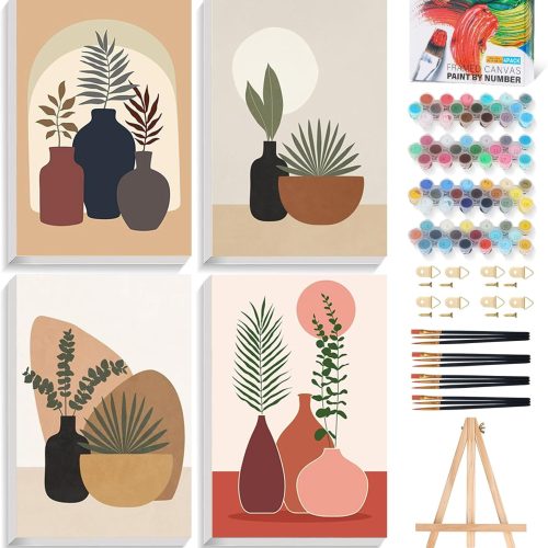 Fountor 4 Pack Framed Paint by Numbers Kit for Adults Beginners with Wooden Easel, DIY Simple Paint by Number Kit with Frame, Painting by Numbers for Home Wall Decor, 8x12 inch