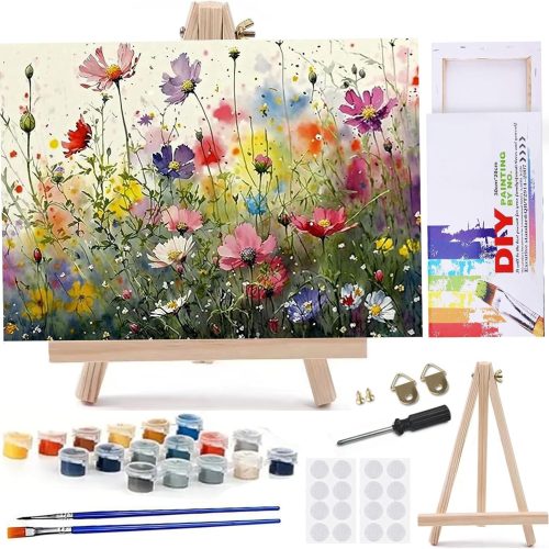 MaiMMaledy Paint by Numbers Kit for Adults Beginners 8Wx12L inch Canvas Pictures with Framed Drawing Painting Works with Wooden Triangle Easel Acrylic Pigment Flower
