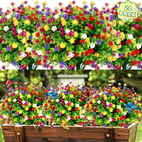 20 Bundles Artificial Flowers for Outdoors Fake Plants UV Resistant Plastic Flowers No Fade Faux Outdoor Flowers Plastic Greenery Faux Plants for Garden Planter Porch Window Decor(Multi Color)