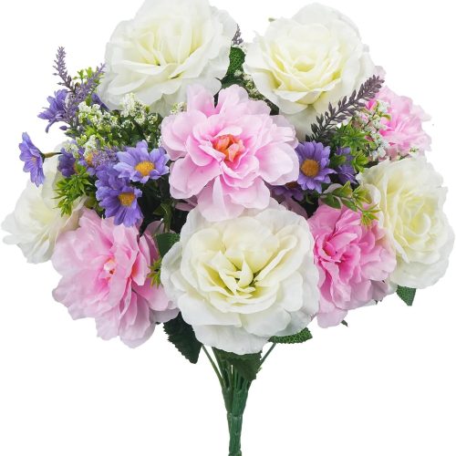18.5'' Grave Flowers for Cemetery Peonies Artificial Flowers Bouquet Mixed White Roses 2 Bundles Fake Wildflower Silk Flower Arrangement for Graveside Funeral Wedding Home Table Centerpieces Decor