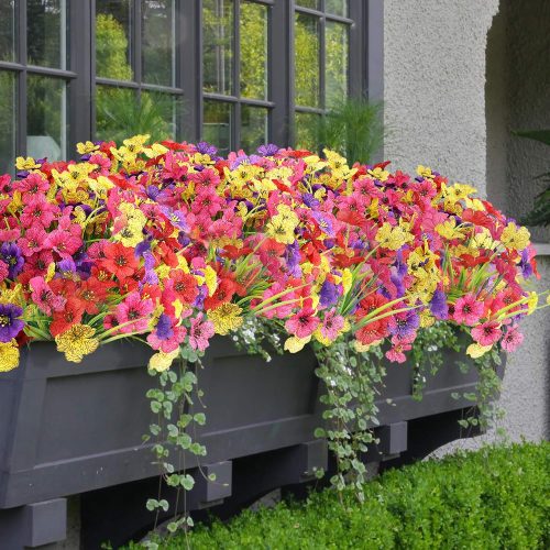 16 Bundles Artificial Outdoor Flowers Patriotic Centerpieces UV Resistant Fake Summer Flowers for 4th of July Outdoor Decor (Colorful)