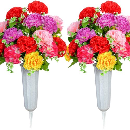 XONOR Cemetery Flowers, Set of 2 Artificial Carnation Bouquet Grave Memorial Flowers with Vase for Cemetery Headstones Decoration (Carnation)