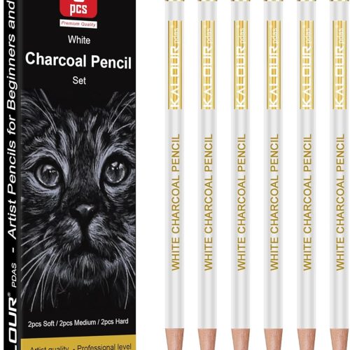 KALOUR White Charcoal Pencils Drawing Set, Professional 6 Pieces White Sketch Pencils for Drawing, Sketching, Shading, Blending, Chalk for Beginners & Artists