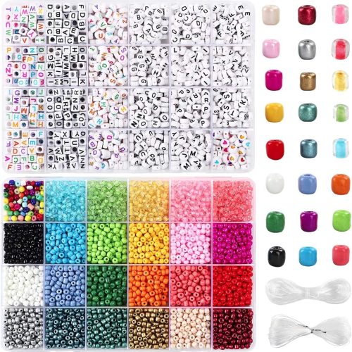 7600pcs Friendship Bracelet Kit Including 6000pcs 4mm Glass Seed Beads and 1600pcs Letter Beads for Bracelet Making, Jewelry Making and Crafts with 20m Crystal String and 30m Elastic String