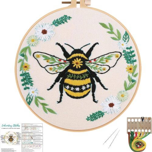 Louise Maelys Bees Embroidery Kits for Beginners, DIY Cross Stitch Starter Craft Kit for Adults Including Cloth with Pattern, Hoop, Needles Instruction and Threads