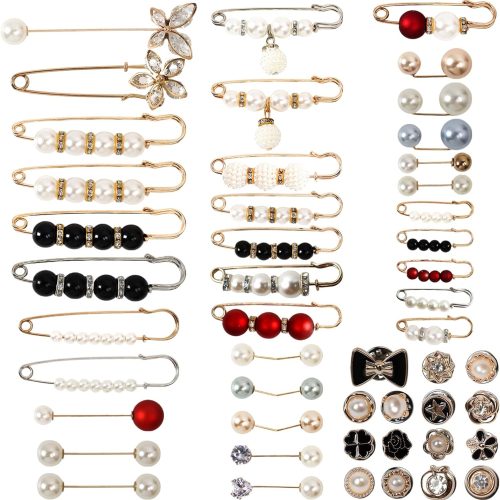50 Pcs Pearl Brooch Safety Pins for Clothes Dress Jeans Pants Skirt Faux Pearl Rhinestones Tightener Safety Pins for Women Waist Decoration Accessories Sock Charms Pins